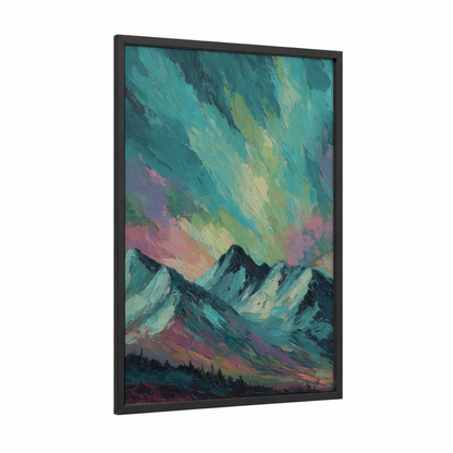 Aurora Mountain Vista framed northern lights print — black wood frame — teal and gold and pink palette