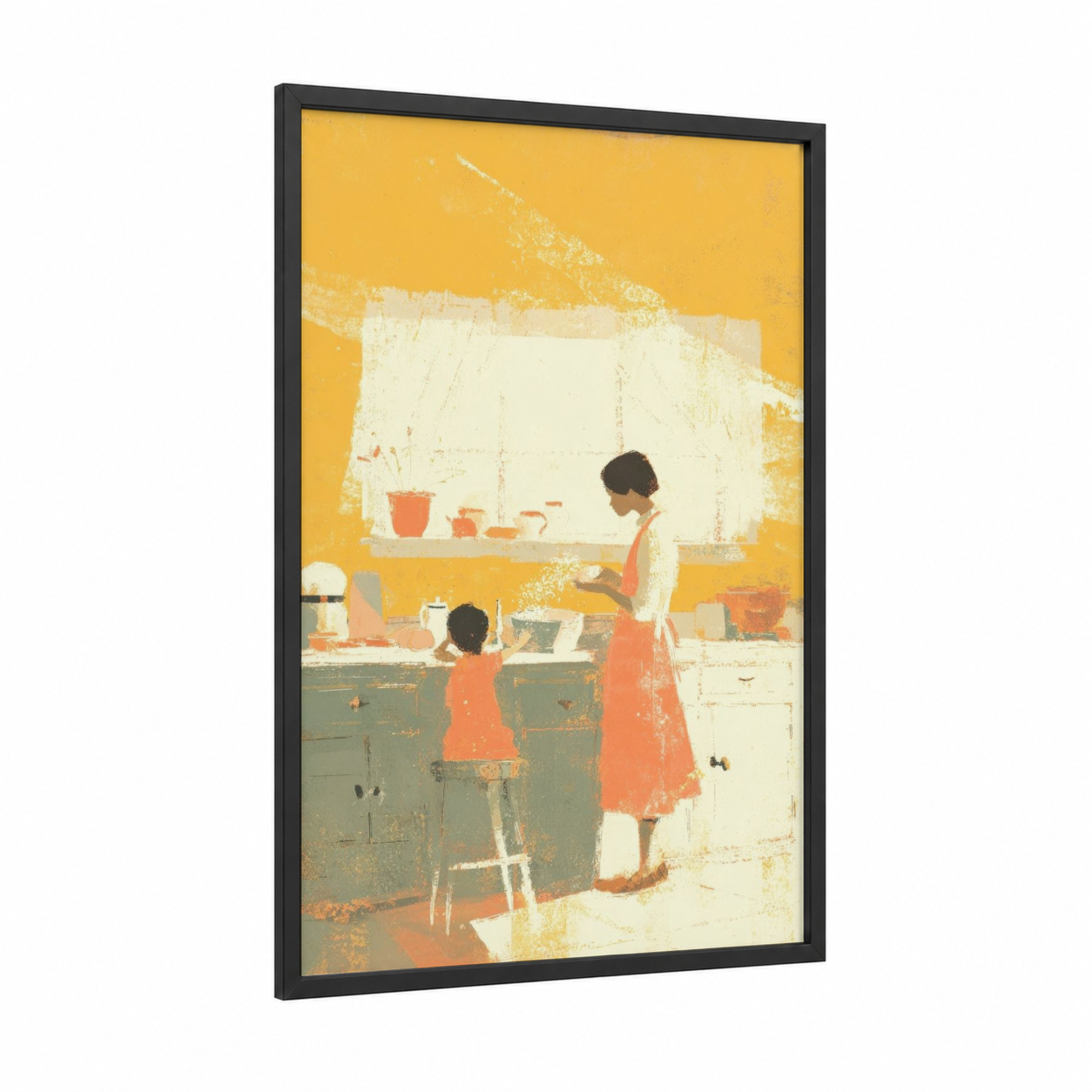 Kitchen Bonding framed mother's day print — black wood frame — yellow gold and peach palette