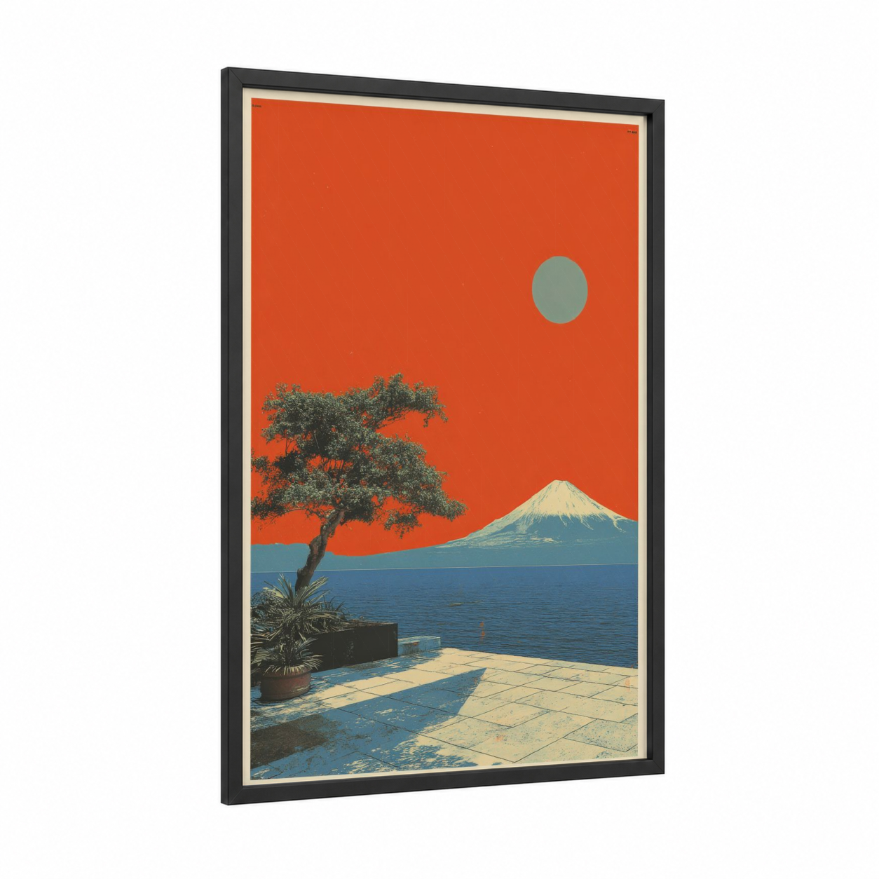 Crimson Fuji Dream framed japanese y2k print — black wood frame — red and blue palette