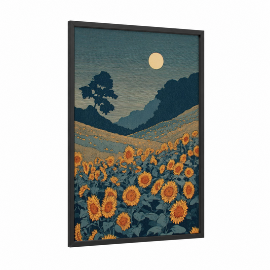 Golden Sunflower Valley framed sunflower field print — black wood frame — gold and teal palette