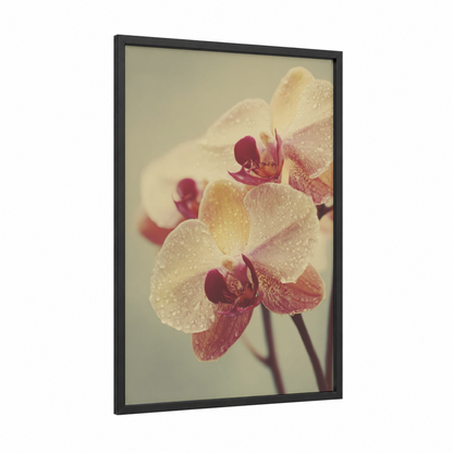 Dewy Orchid Bloom framed art print — black wood frame — cream and salmon pink palette