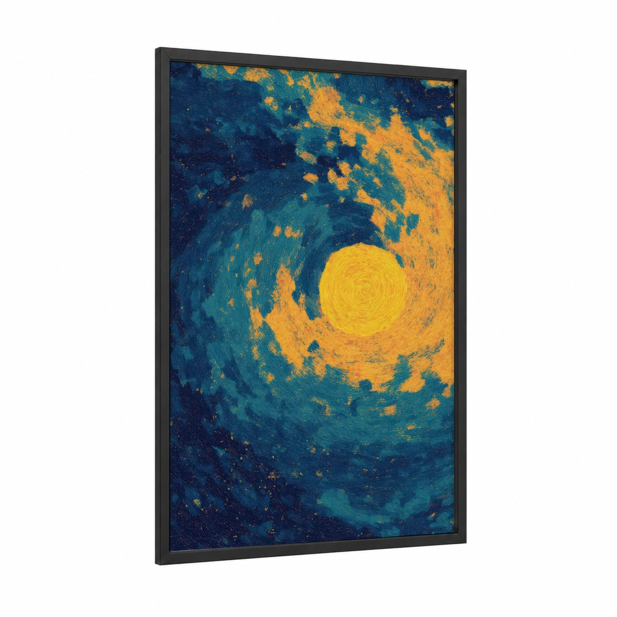 Golden Moon Night framed art print — black wood frame — blue and gold and dark blue palette