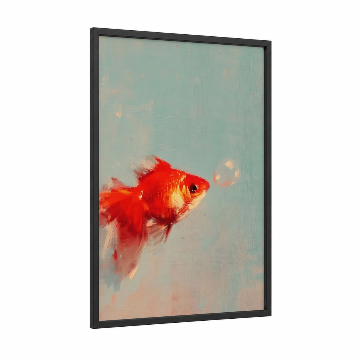 Crimson Goldfish framed art print — black wood frame — red and aquamarine palette