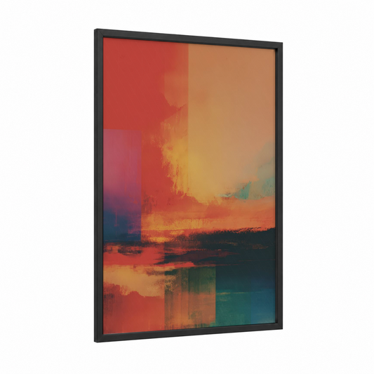 Sunset Rainbow Landscape framed art print — black wood frame — red and teal palette