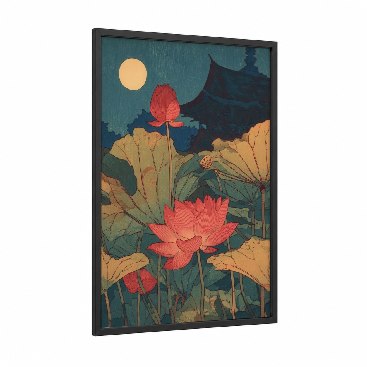 Asian Lotus Garden framed art print — black wood frame — teal and gold palette