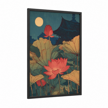 Asian Lotus Garden framed art print — black wood frame — teal and gold palette