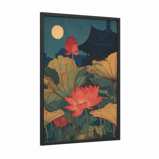 Asian Lotus Garden framed art print — black wood frame — teal and gold palette