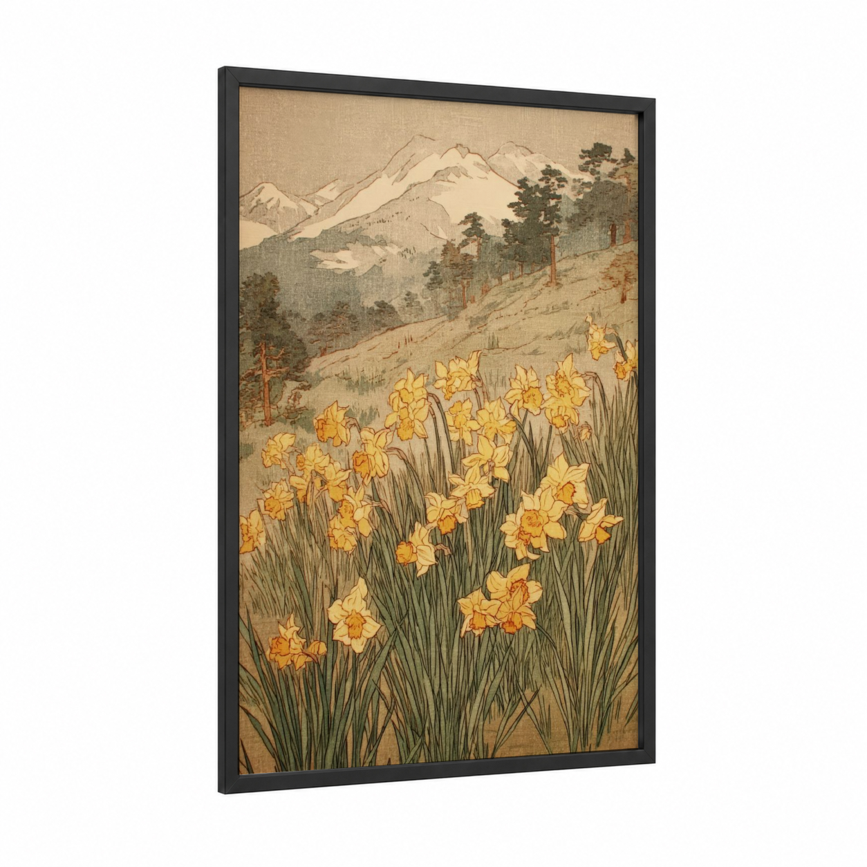 Golden Daffodil Field framed daffodils print — black wood frame — gold and sage green palette