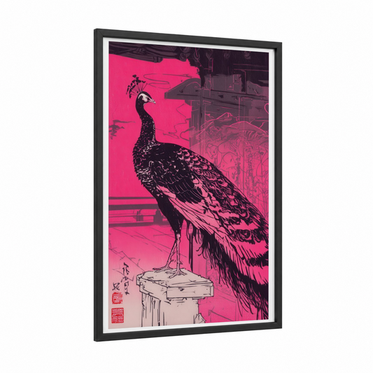 Neon Peacock framed art print — black wood frame — magenta and black palette