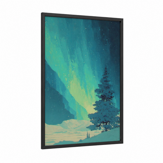 Aurora Christmas framed art print — black wood frame — teal and light green palette
