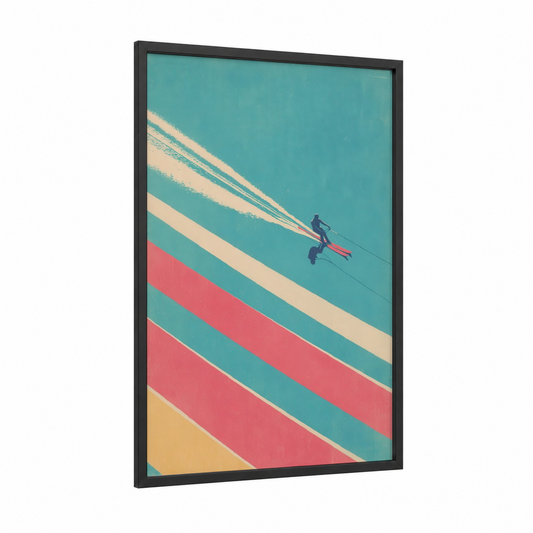 Aerial Water Skier framed water skiing print — black wood frame — teal and peach palette