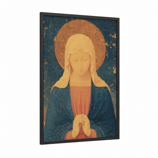 Serene Madonna framed virgin mary print — black wood frame — gold and dark blue palette