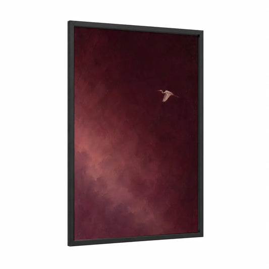 White Heron Minimalist Sky Wall Art framed art print — black wood frame — maroon and champagne gold palette