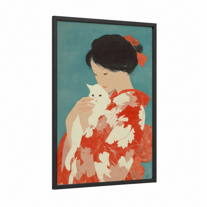 Girl with White Cat framed kids animals print — black wood frame — teal and red palette