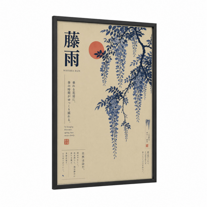 Japanese Wisteria Rain Botanical Wall Art framed art print — black wood frame — blue and beige palette
