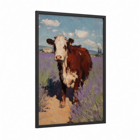 Lavender Hereford framed hereford cow print — black wood frame — blue and purple palette