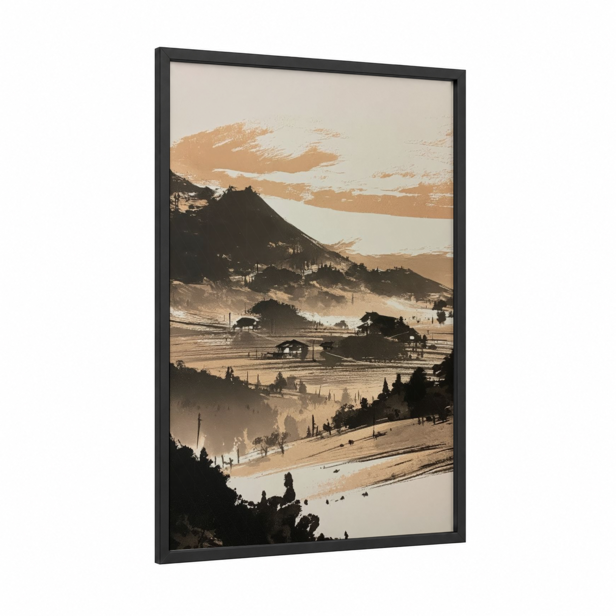 Mountain Valley Dawn framed various landscapes print — black wood frame — gold and black and white palette