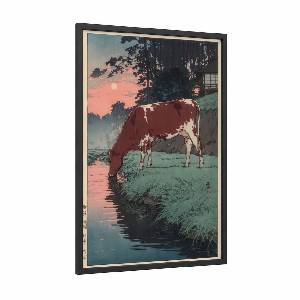Riverside Hereford framed hereford cow print — black wood frame — russet and sage green palette