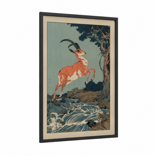 Leaping Antelope framed art print — black wood frame — sage green palette
