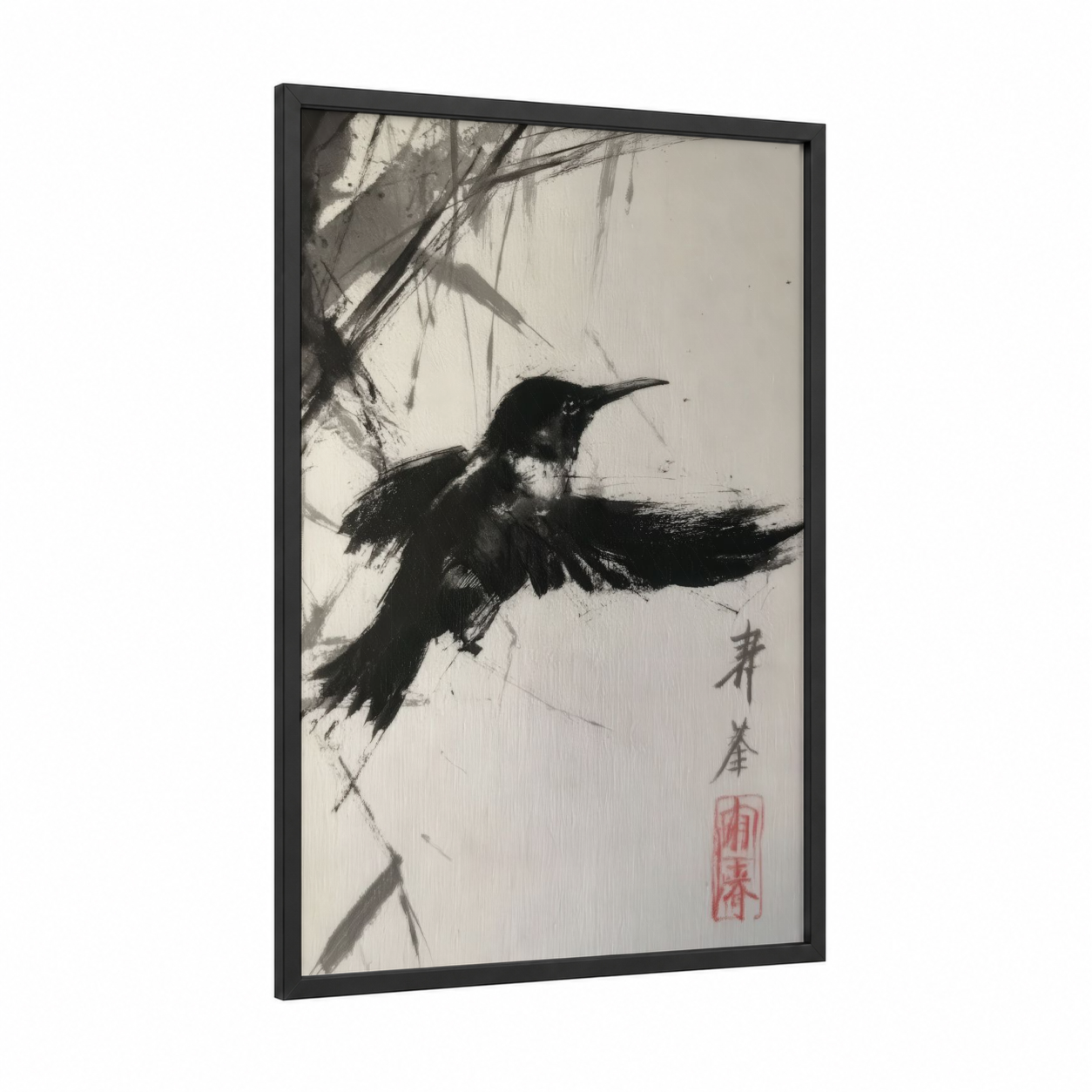 Brushstroke Hummingbird framed art print — black wood frame — black and white and gray palette