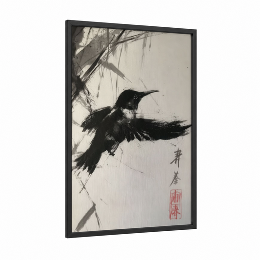 Brushstroke Hummingbird framed art print — black wood frame — black and white and gray palette