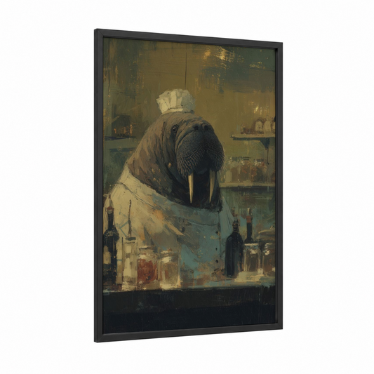 Chef Walrus framed art print — black wood frame — gold and teal palette