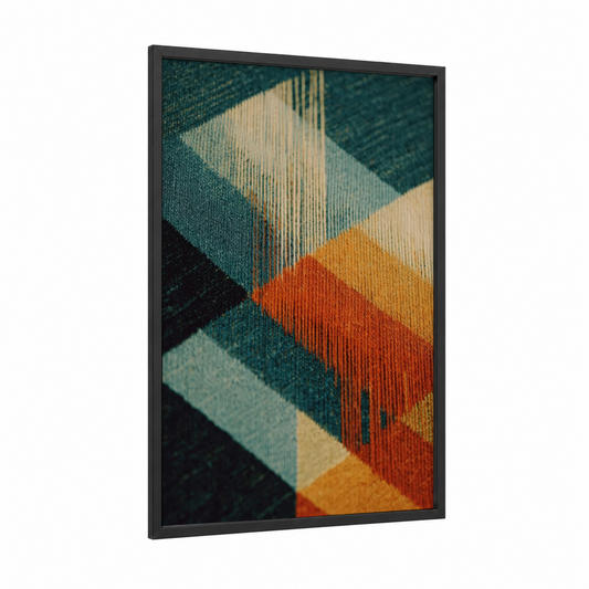 Woven Textile Layers framed knitting and sewing print — black wood frame — teal and orange palette