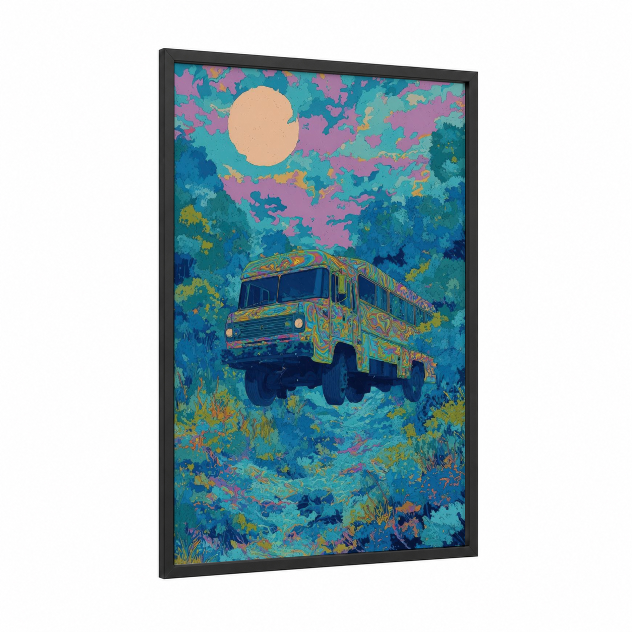 Psychedelic Truck framed art print — black wood frame — teal and magenta palette