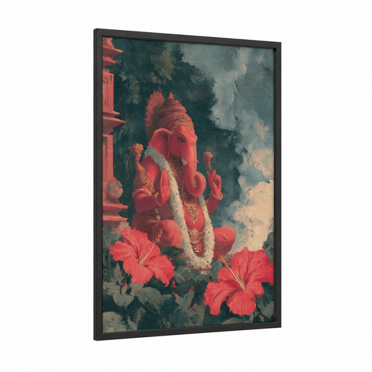 Crimson Ganesha framed hindu holidays print — black wood frame — red and gold palette