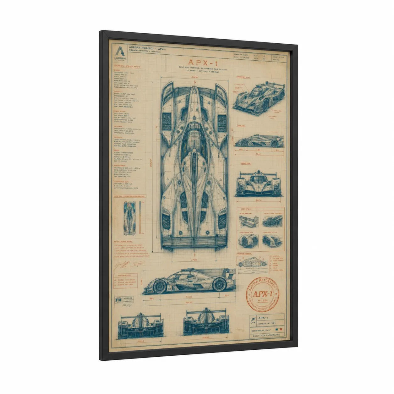 Racing Car Blueprint Wall Art framed blueprints print — black wood frame — cream and denim palette