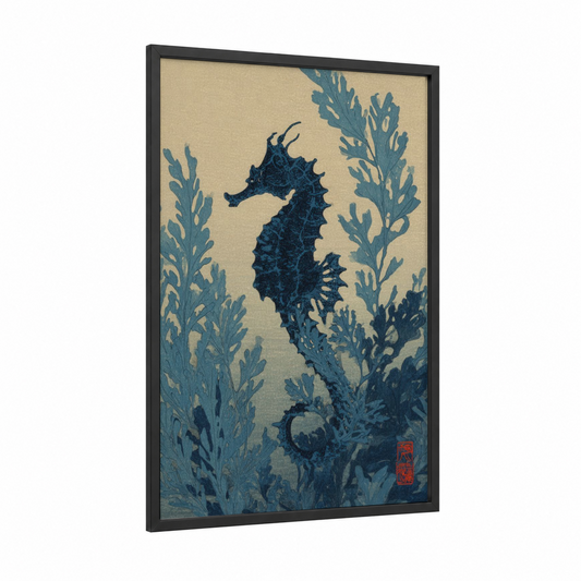 Seaweed Seahorse framed sea horse print — black wood frame — dark blue and cream palette