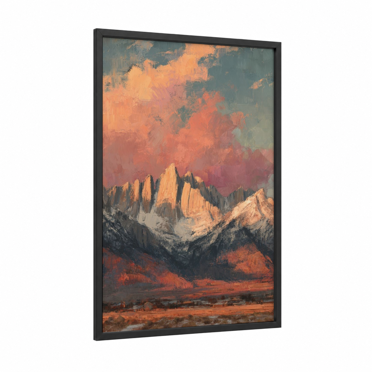 Crimson Sierra Nevada framed art print — black wood frame — gold palette