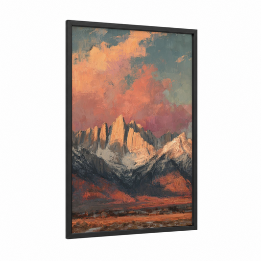 Crimson Sierra Nevada framed art print — black wood frame — gold palette