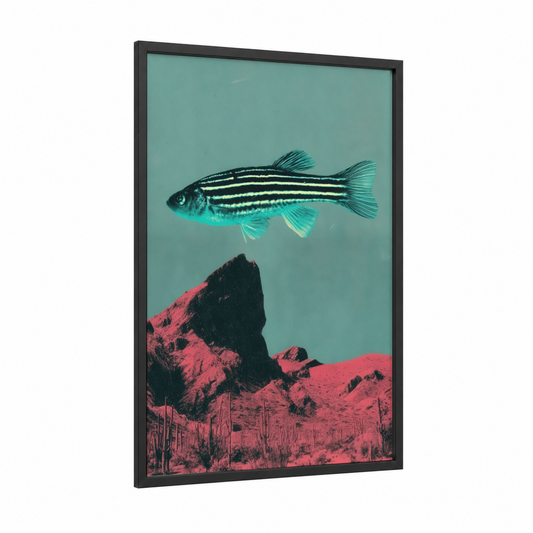 Striped Zebrafish Desert framed art print — black wood frame — turquoise and pink palette