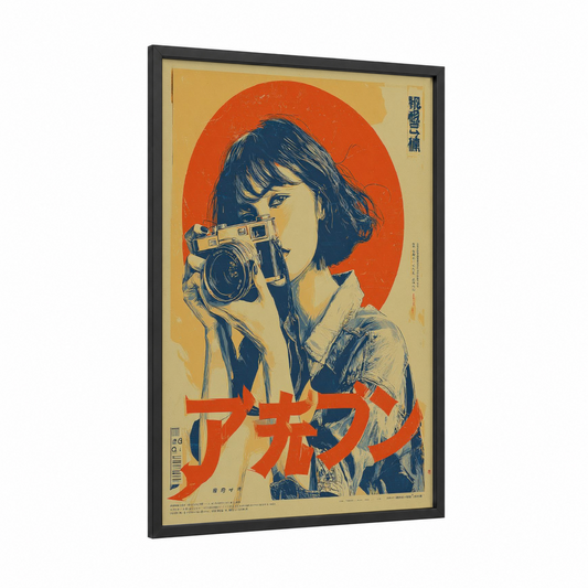 Camera Girl Vintage framed vintage japanese ads print — black wood frame — orange palette