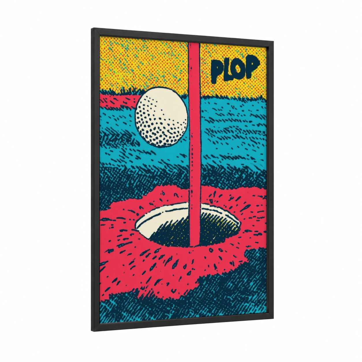 Plop Golf framed art print — black wood frame — yellow gold and magenta palette
