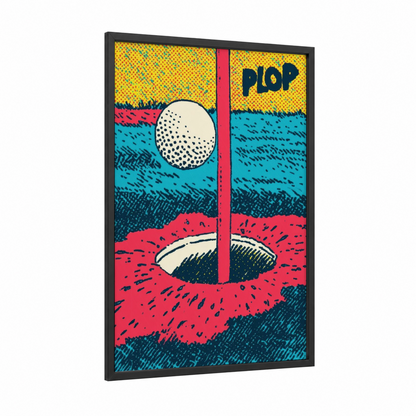 Plop Golf framed art print — black wood frame — yellow gold and magenta palette