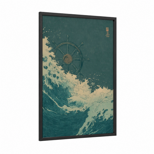 Nautical Helm Waves framed shipwheel print — black wood frame — teal and cream palette