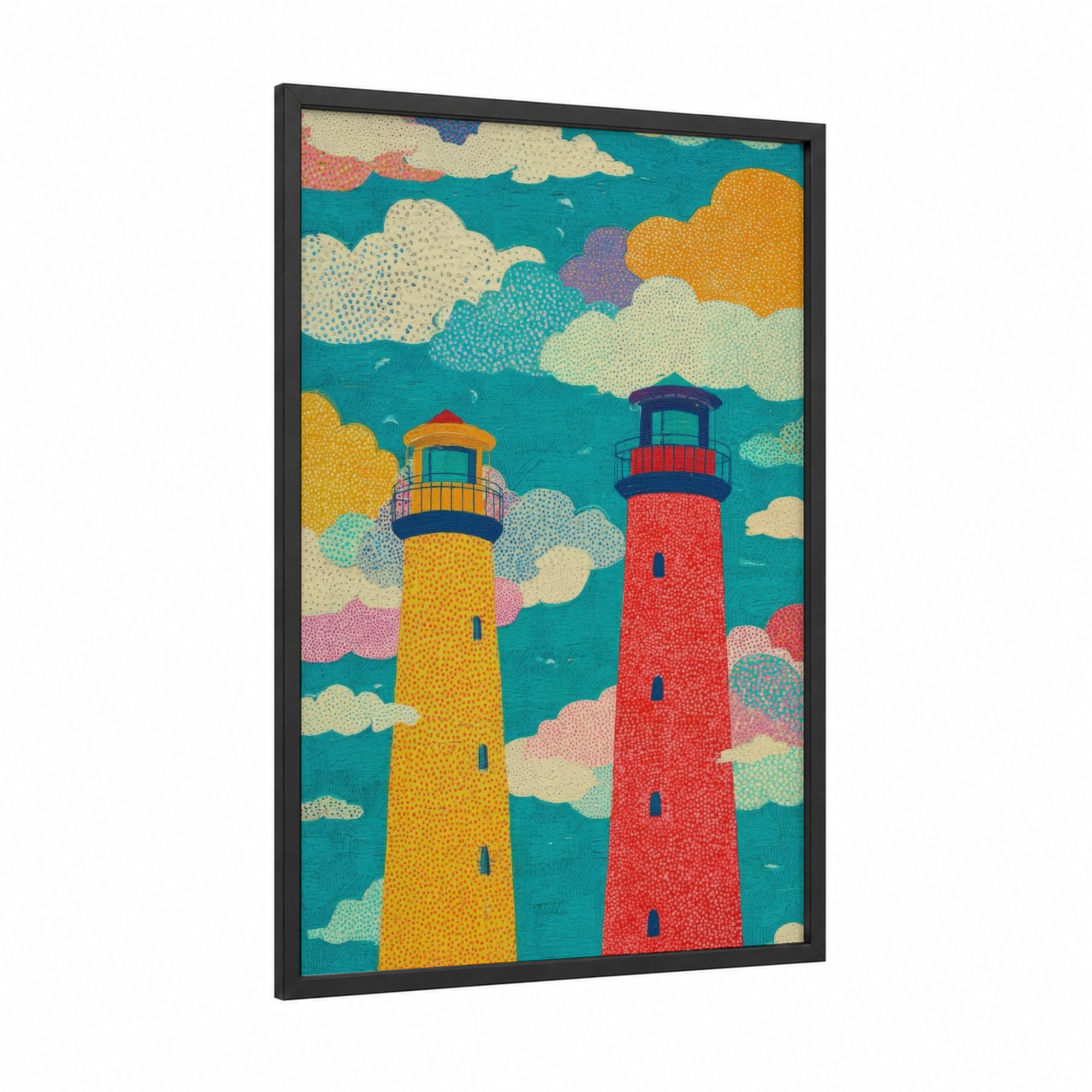Colorful Lighthouse Pair framed art print — black wood frame — teal and yellow gold palette