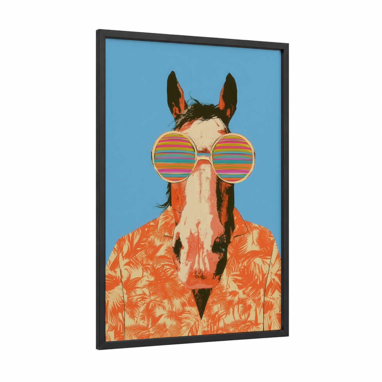 Groovy Clydesdale framed clydesdale horse print — black wood frame — orange and blue and white palette