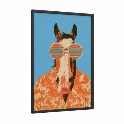 Groovy Clydesdale framed clydesdale horse print — black wood frame — orange and blue and white palette