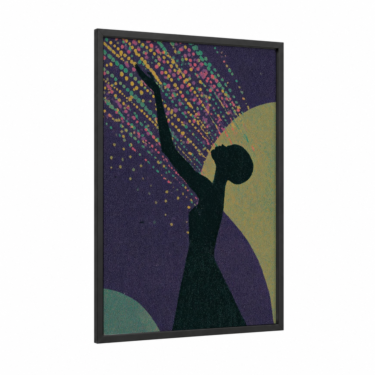 Carnival Dancer framed mardi gras print — black wood frame — purple and gold palette