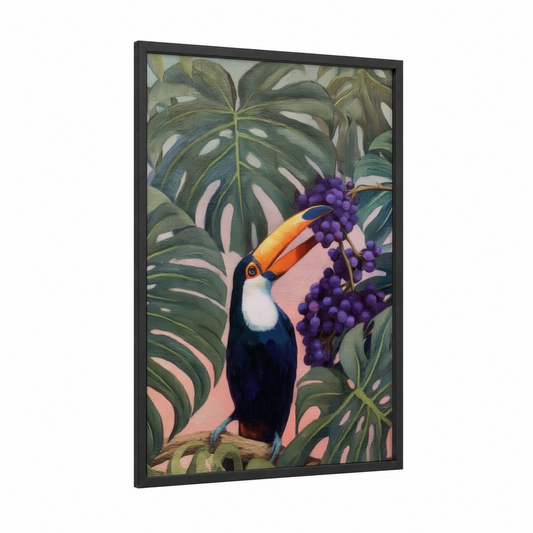 Tropical Toucan framed art print — black wood frame — orange and dark blue palette