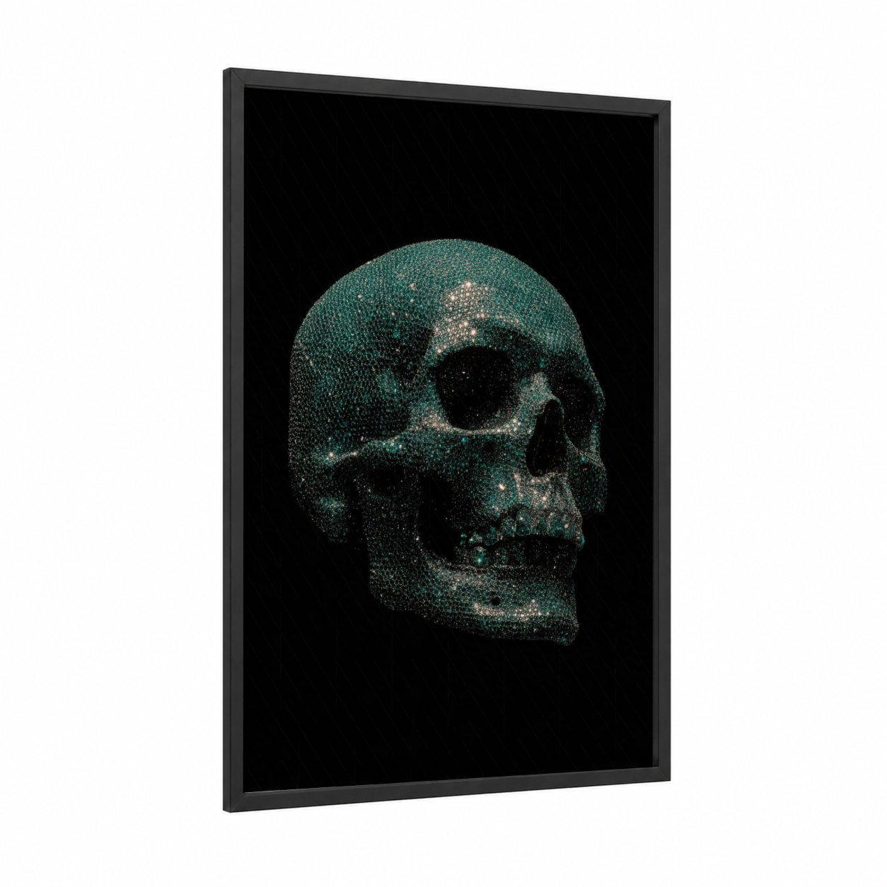 Glowing Skull framed art print — black wood frame — teal and black palette