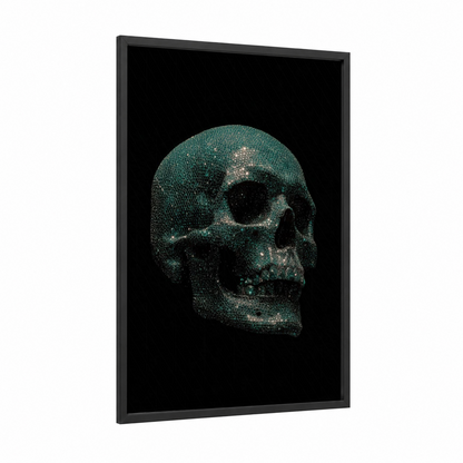 Glowing Skull framed art print — black wood frame — teal and black palette