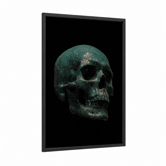 Glowing Skull framed art print — black wood frame — teal and black palette