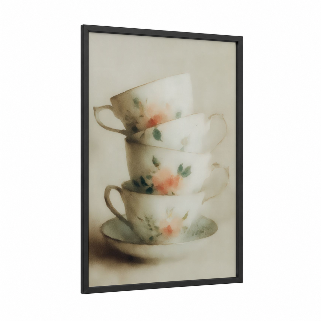 Stacked Teacups Botanical framed kitchen utensils print — black wood frame — cream and sage green palette