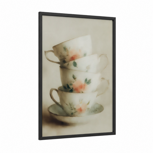 Stacked Teacups Botanical framed kitchen utensils print — black wood frame — cream and sage green palette