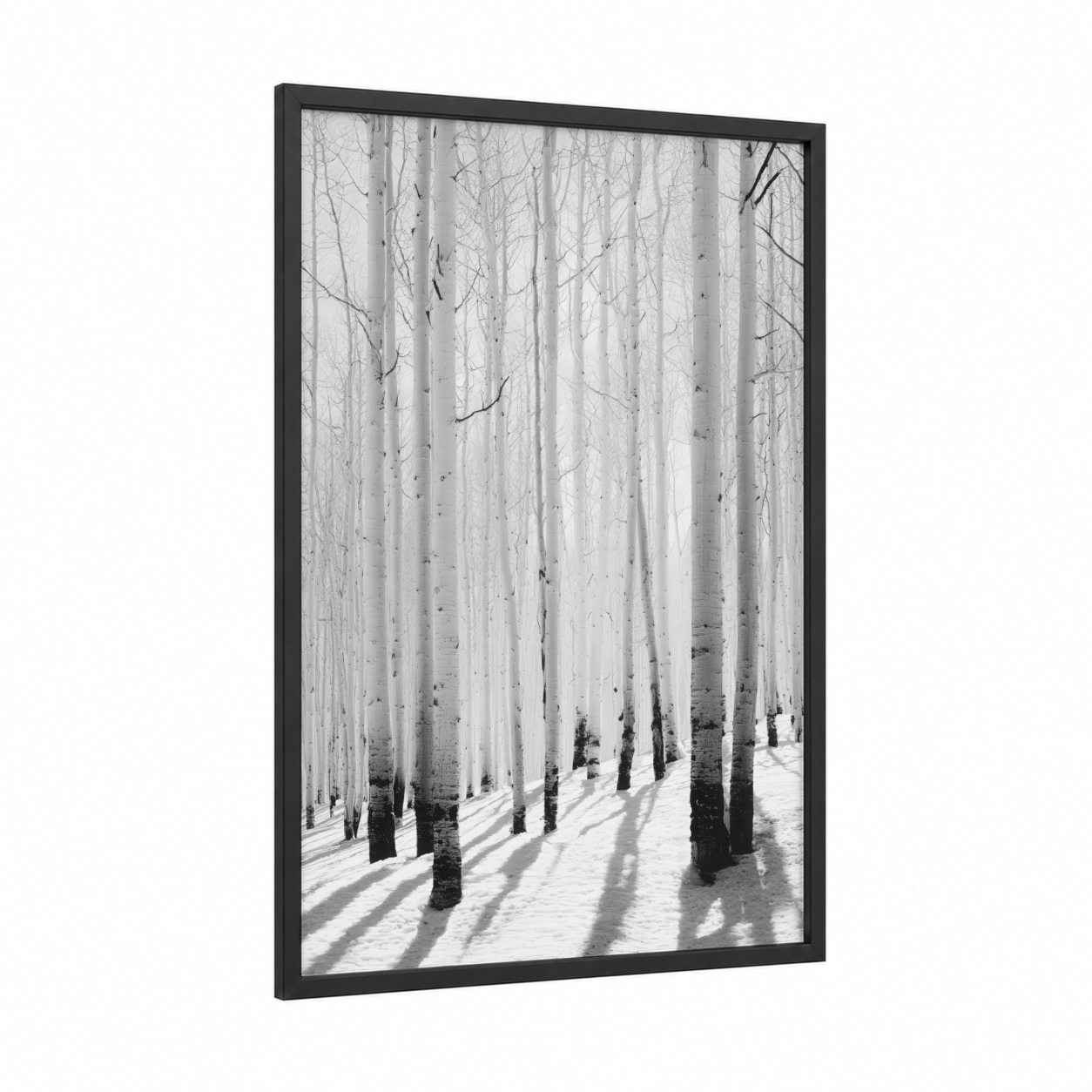 Snowy Aspen Grove framed aspen forest print — black wood frame — white and gray palette