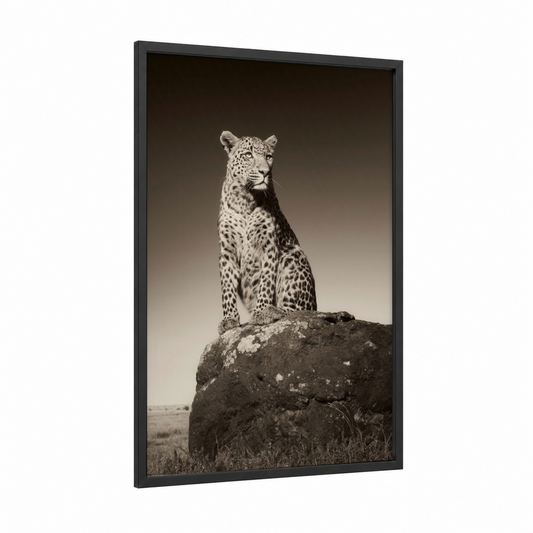 Sentinel Leopard framed art print — black wood frame — black and white and gray palette